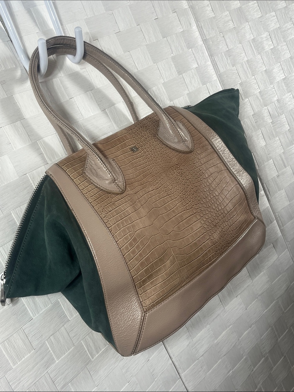 Pour La Victoire Taupe Croc-Embossed Leather Tote with Dark Green Suede Sides